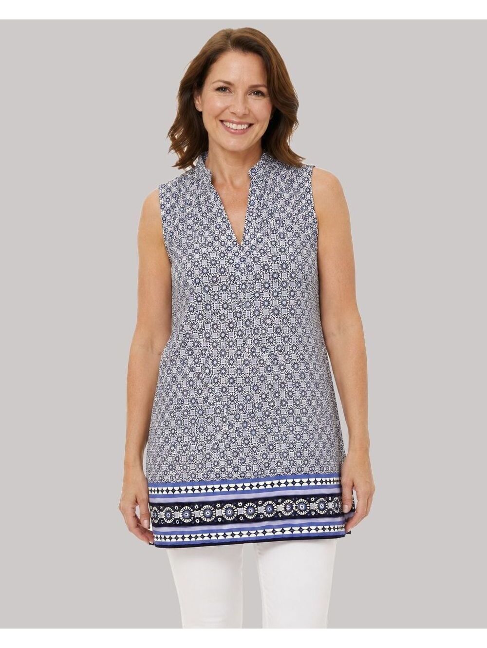 Lands End Womens L 14-16 Blue Geometric Floral Sleeveless Tunic Top